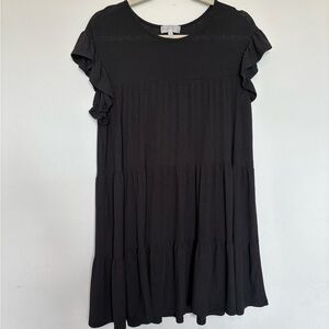 Women's Black Tiered Midi Dress with Ruffle Sleeves